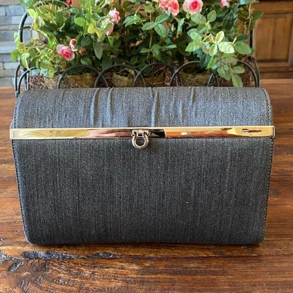 Salvatore Ferragamo Steel Grey/Blue Fabric Shoulder Bag Silver Chrome Hardware V - Picture 5 of 13